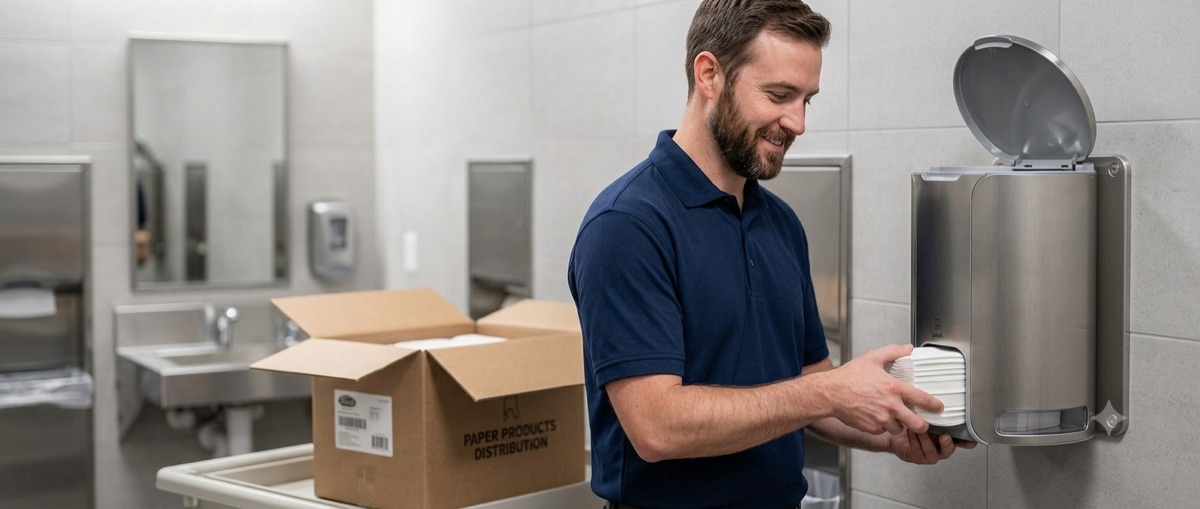 TSG Paper technician restocking a commercial dispenser