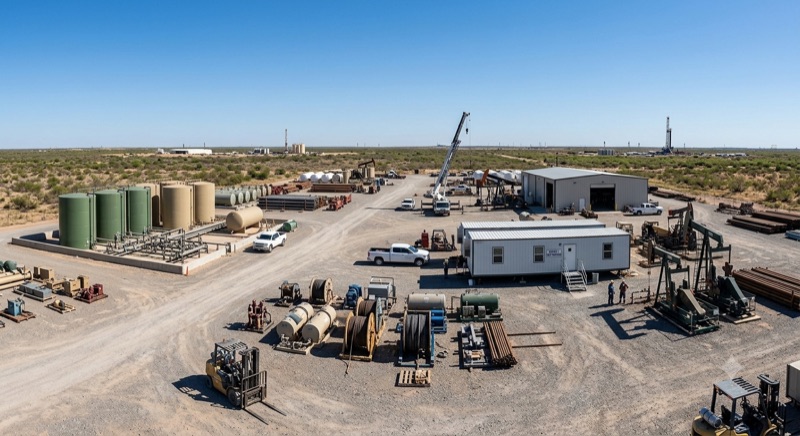Oil-and-gas and industrial yard with multiple break rooms and restrooms